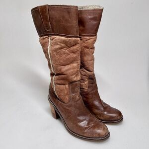 STEVE MADDEN Jakel Tall Leather Boots Brown Womens 9.5 Western Heel Sherpa Lined